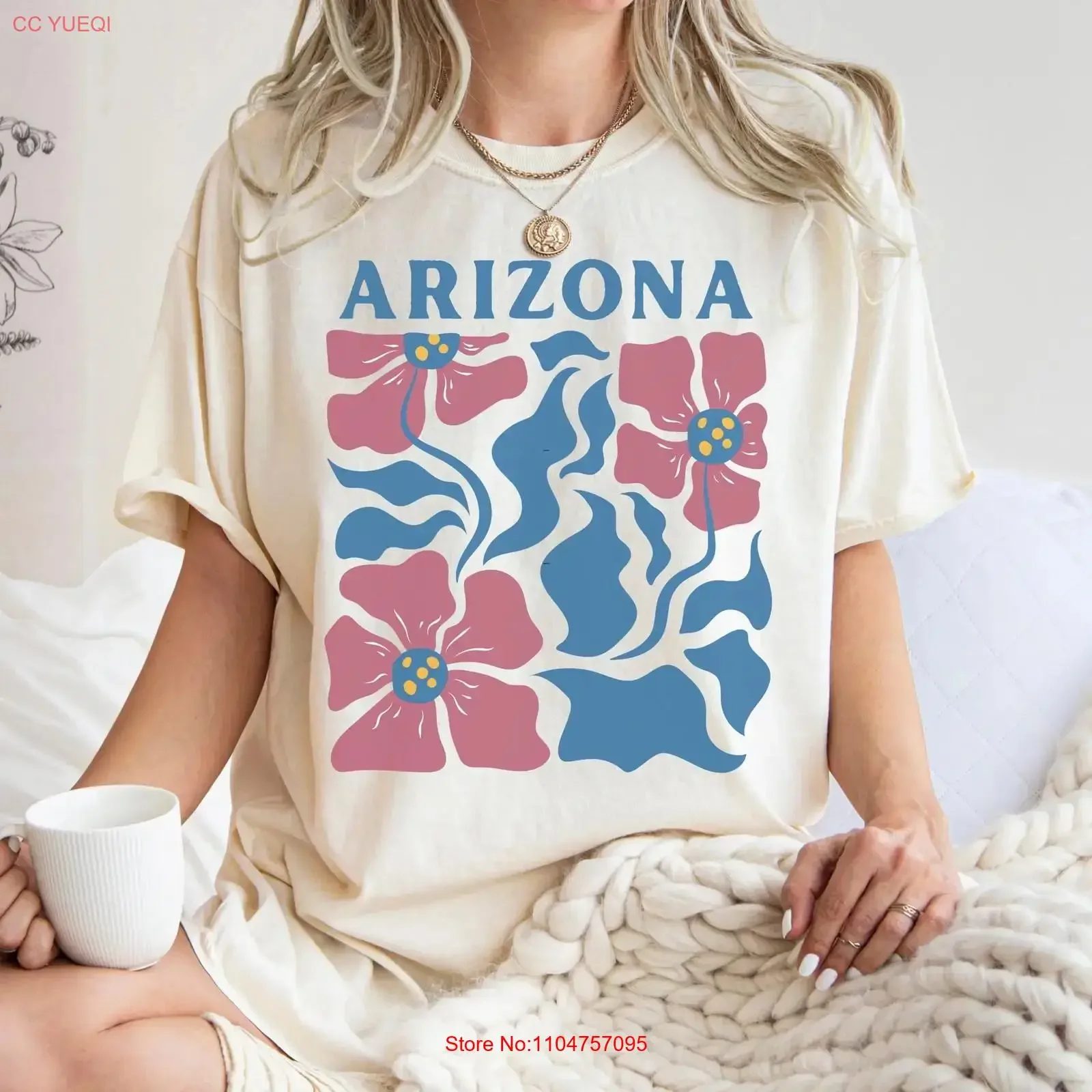 Arizona T Shirt Blue Pink Groovy Flowers Travel Souvenir vintage Washed Breathable Comfortable Slightly Casual designer clothes