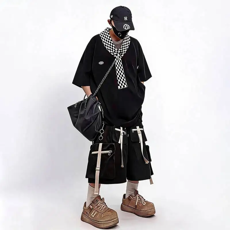 LUZHEN 2026 Summer Hip-hop Style Trendy Multi-pocket Straight Cargo Cropped Trousers Men's Fashion Ribbon Decorate Shorts JY7524