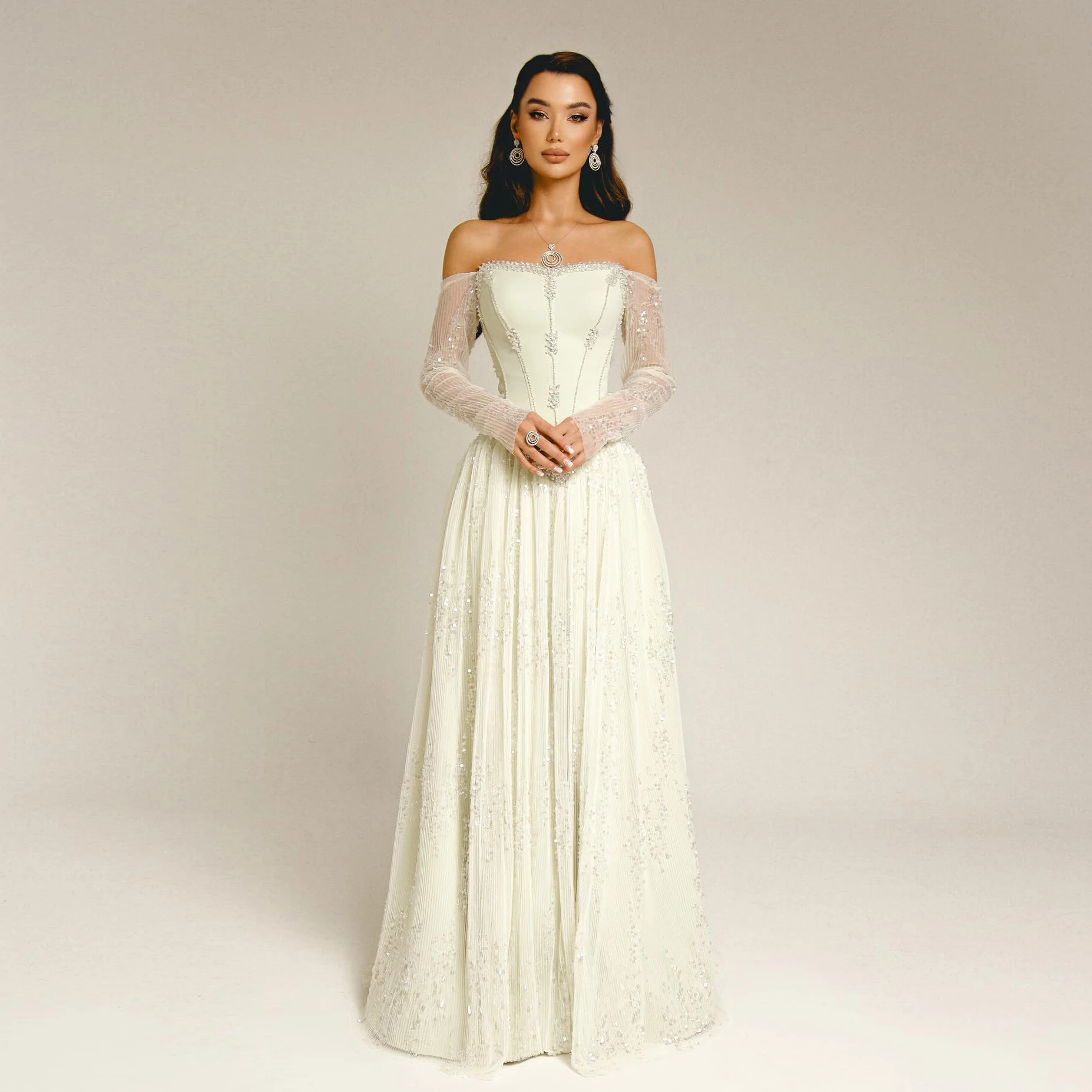 Sharon Said Elegantes Sweetheart-Abendkleid mit Transparenten Langen Ärmeln und Perlen für Hochzeiten, Partys und Bälle SS628 Maßanfertigung – Detail 6