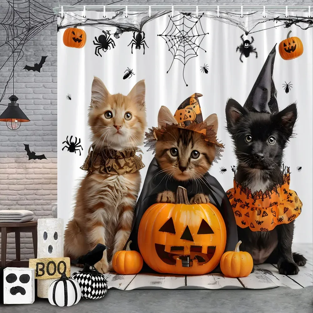 Funny Cat Halloween Shower Curtain Pumpkin Spider Funny Animal Holiday Gift Polyester Shower Curtains Bathroom Decor with Hooks