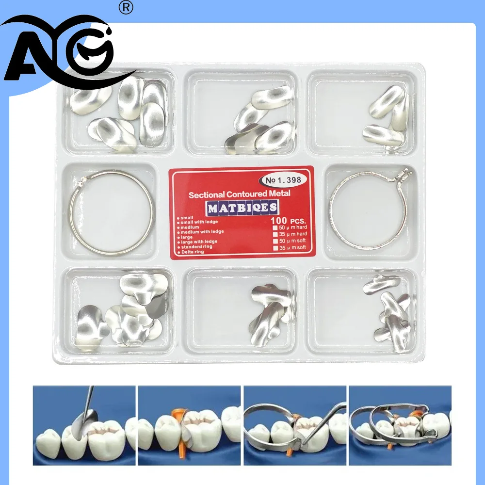 AG 100pcs Dental Sectional Matrix System 1.398 Matrices with 2 Metal Clamping Separating Rings Thickness for Dentist Tools