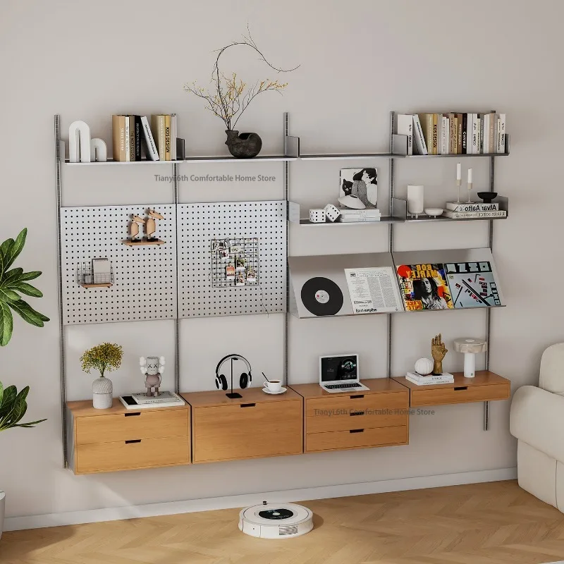 u*-Modern Solid Wood Shelf Nordic Stainless Steel Adjustable Wall Track Wall-mounted Bookcase Home Furniture