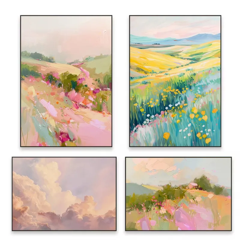 Abstract Colorful Landscape Pastel Spring Summer Flower Field Cloudy Sky Poster Canvas Painting Wall Art Pictures Home Decor
