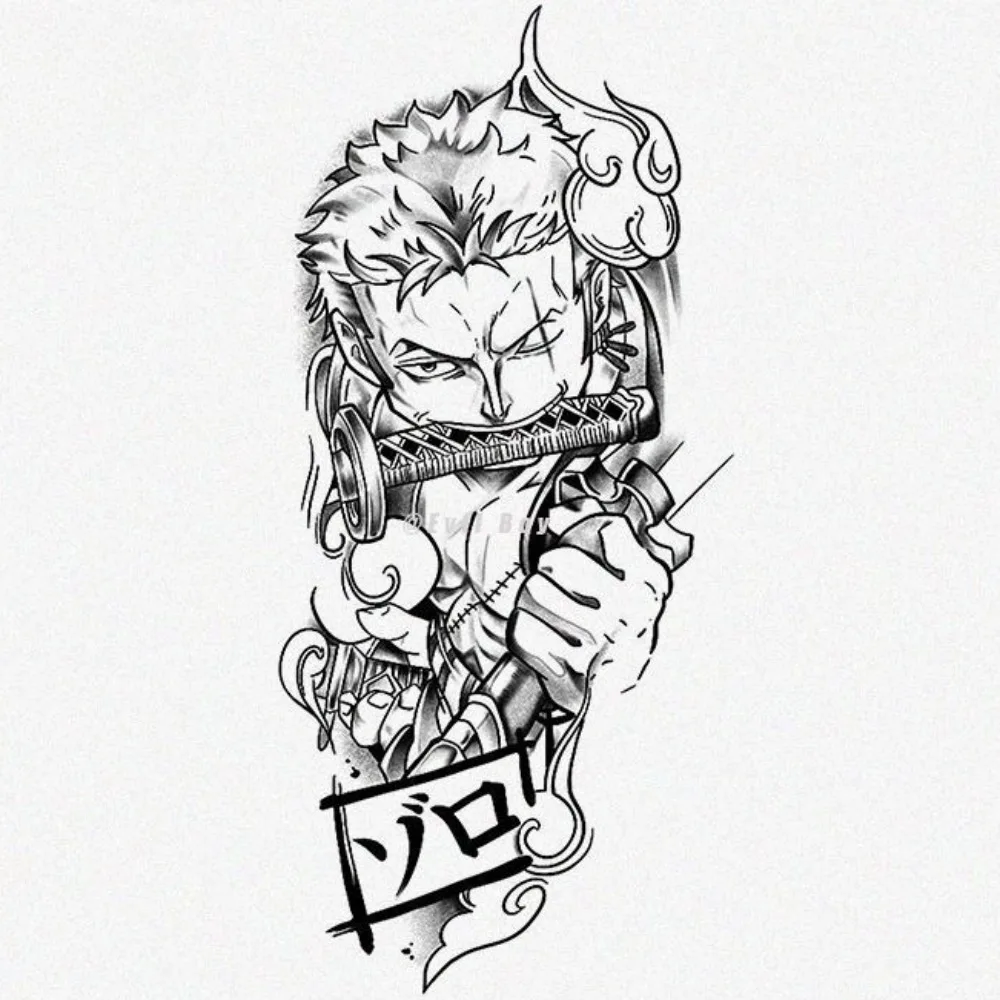 One Piece Black Line Sketch Temporary Tattoo Stickers Zoro Anime Waterproof Fake Body Art for Men Women Arm Leg Sleeve Decor