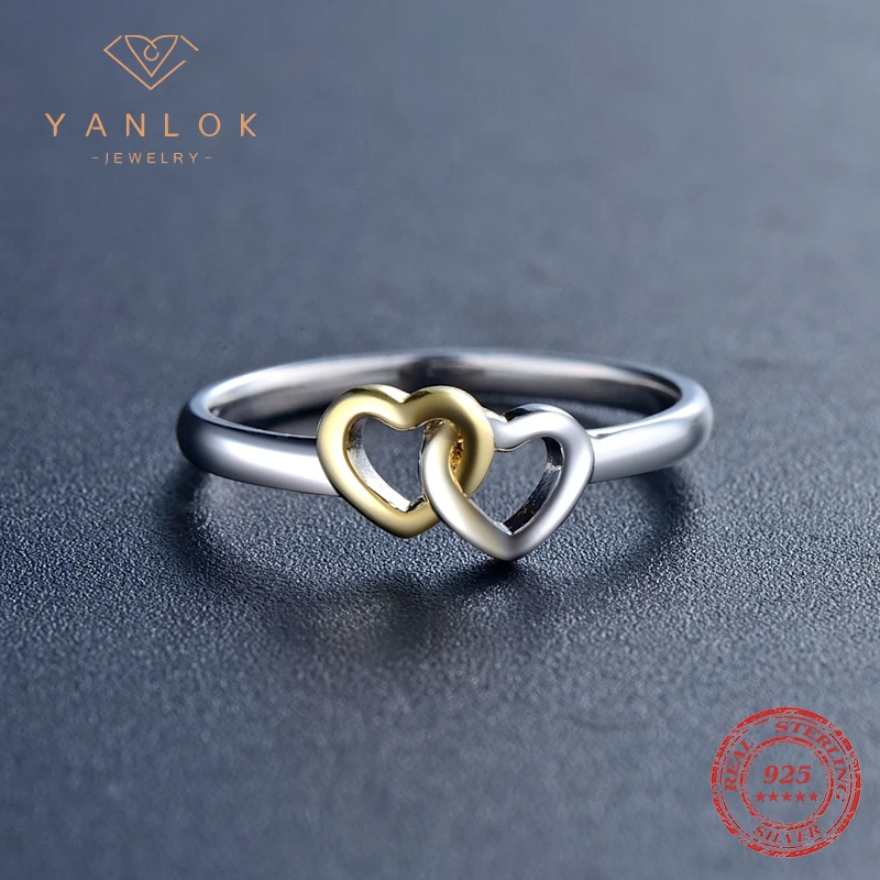 YANLOK Bands Jewelry Double Hearts silver rings Soild 925 sterling silver Heart Ring 2017 Collection Summer for women Gift