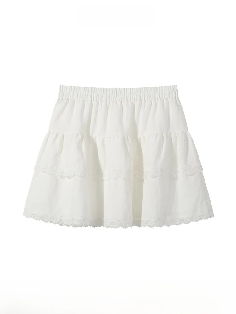 

Yuangang S Spring New Women's Lace Trim Elastic Waist Skirt Korean Sle High Waist A-Line ort Skirt Polyester Blend