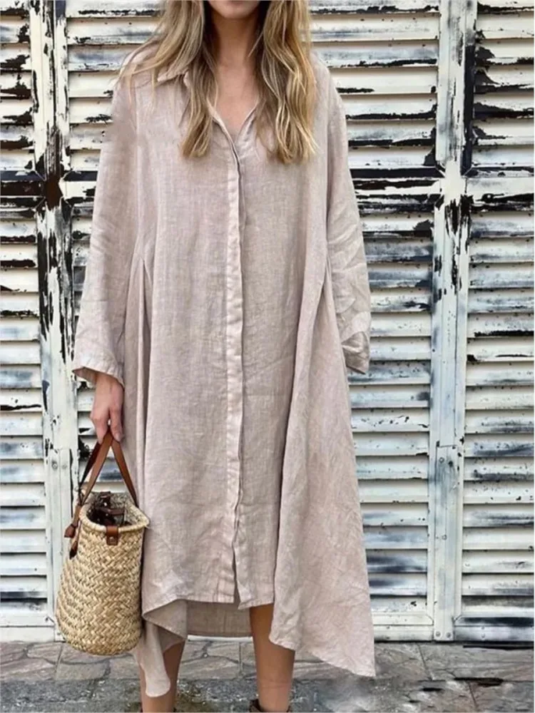 

Spring Casual Solid Cotton Linen Long Dresses Women Single Breasted Lapel Shirt Dress Summer Long Sleeve Pocket Cardigan Dress