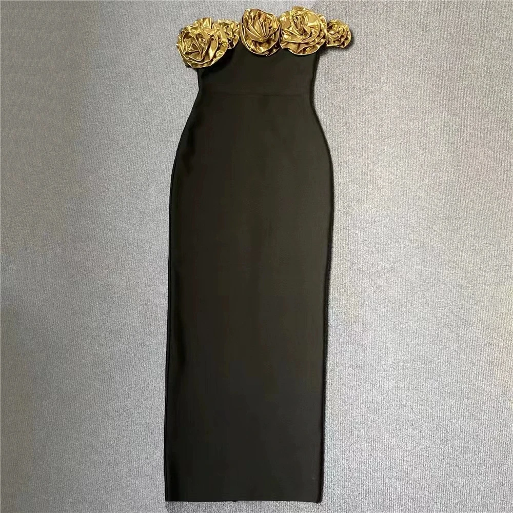 Nuovo vestito da banchetto retrò nero con colletto obliquo e fiore dorato di vendita caldo-GZXX881