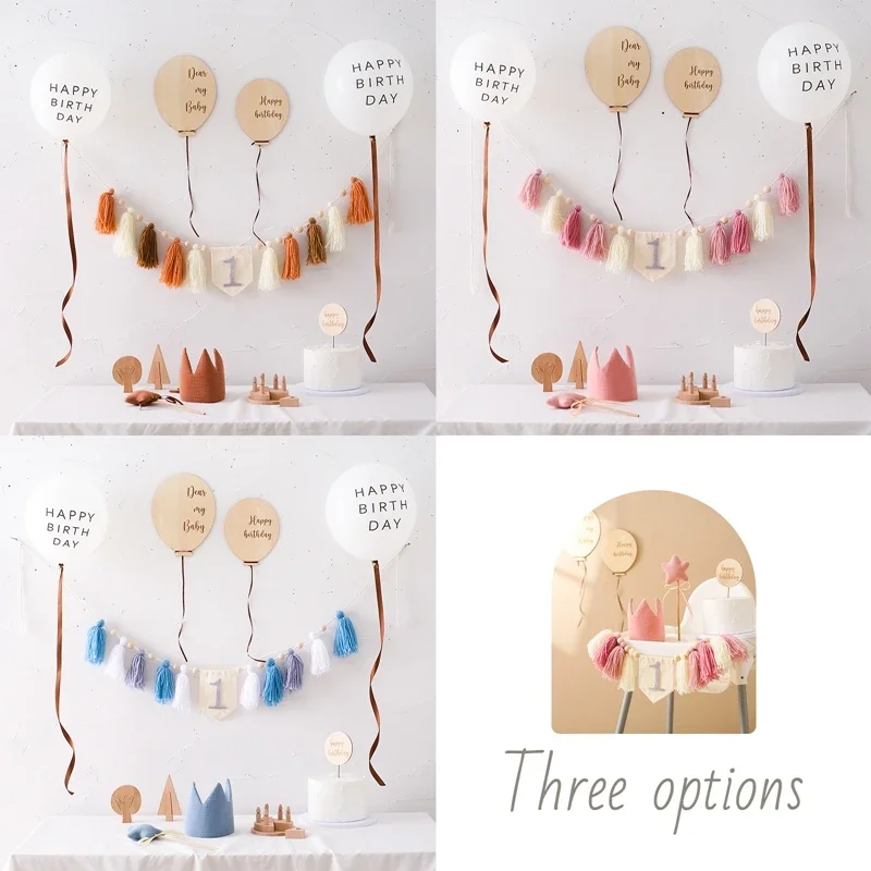 

Wooden Balloon Milestone Happy Birthday Banner Tassel Pendant 1-3 Year Baby Milestone Card Birthday Party Decoration Supplies