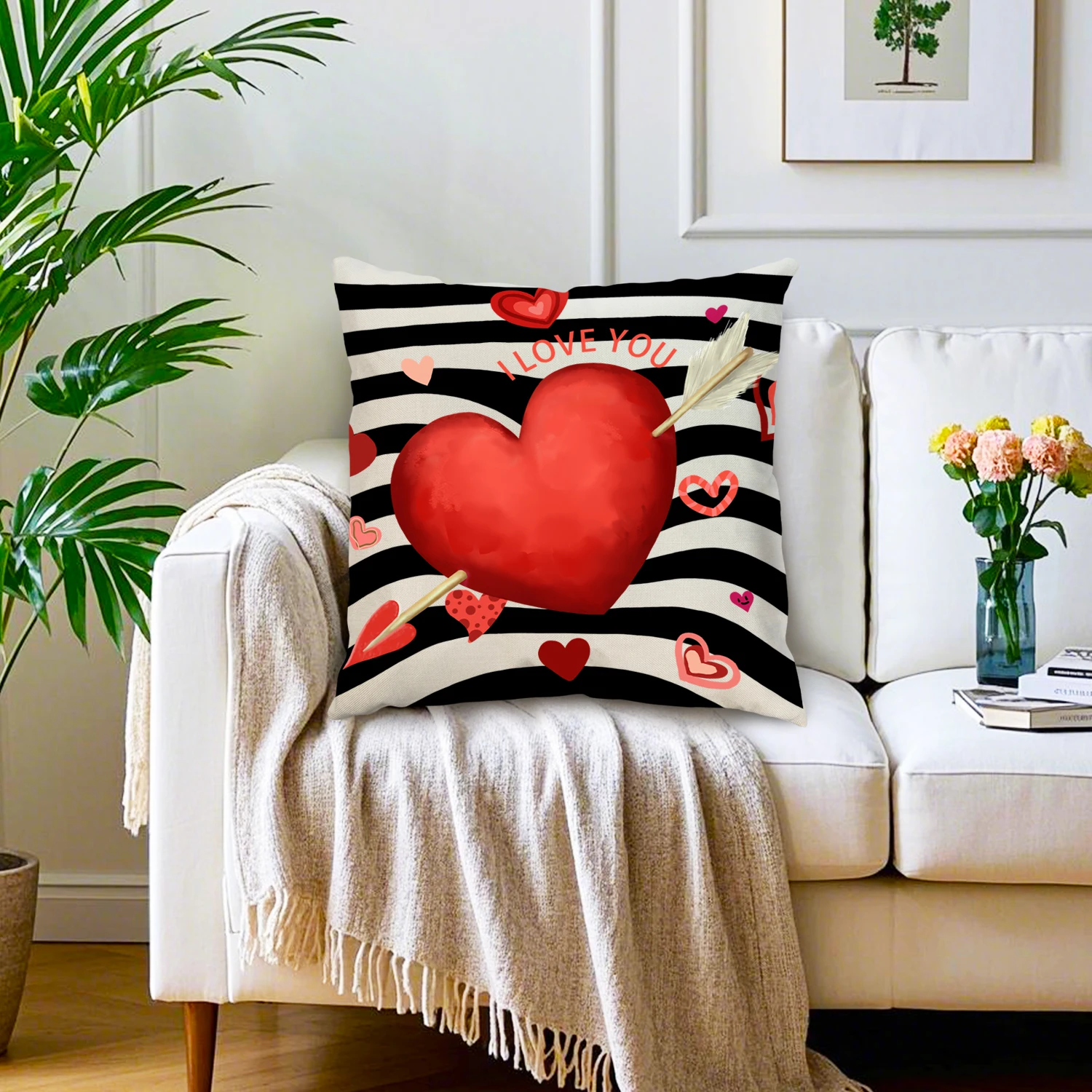 Heart Love Decorative Throw Pillow Cover Black White Striped Linen Cushion Case Romantic Valentine Home Decor Sofa Couch Bedroom