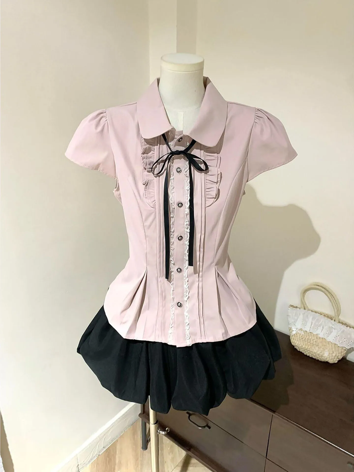 

Pink Collar Ruffle Hem Waist Cinched Top with Black Flounce Skirt Two Piece Set Gentle Miss Elegant Summer Fashion Outfit