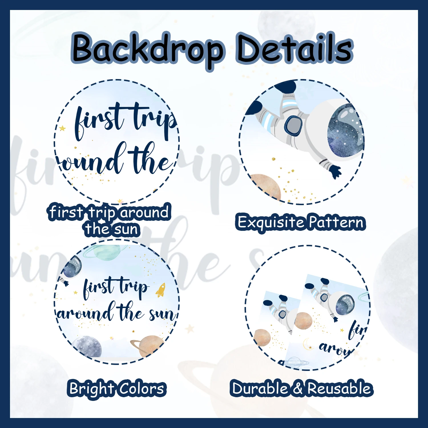 Space Astronaut Theme First Trip Around the Sun Background with Starry Sky Alien Planet Pattern Boy Baby Shower Party Supplies