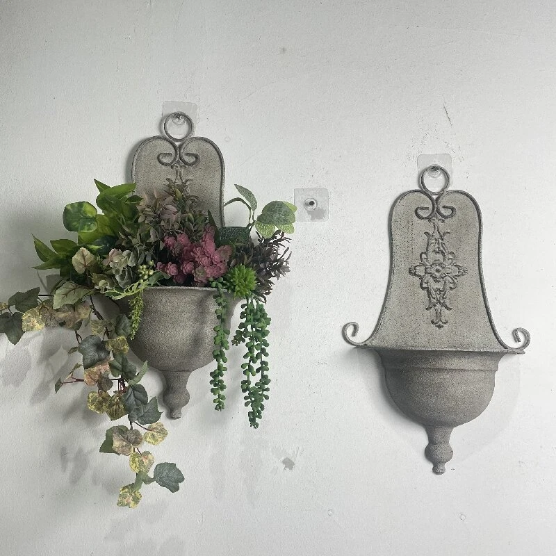 Vintage French Wall Mounted Flower Pot, Rustic Iron Hanging Basket, Garden Courtyard Decor Planter