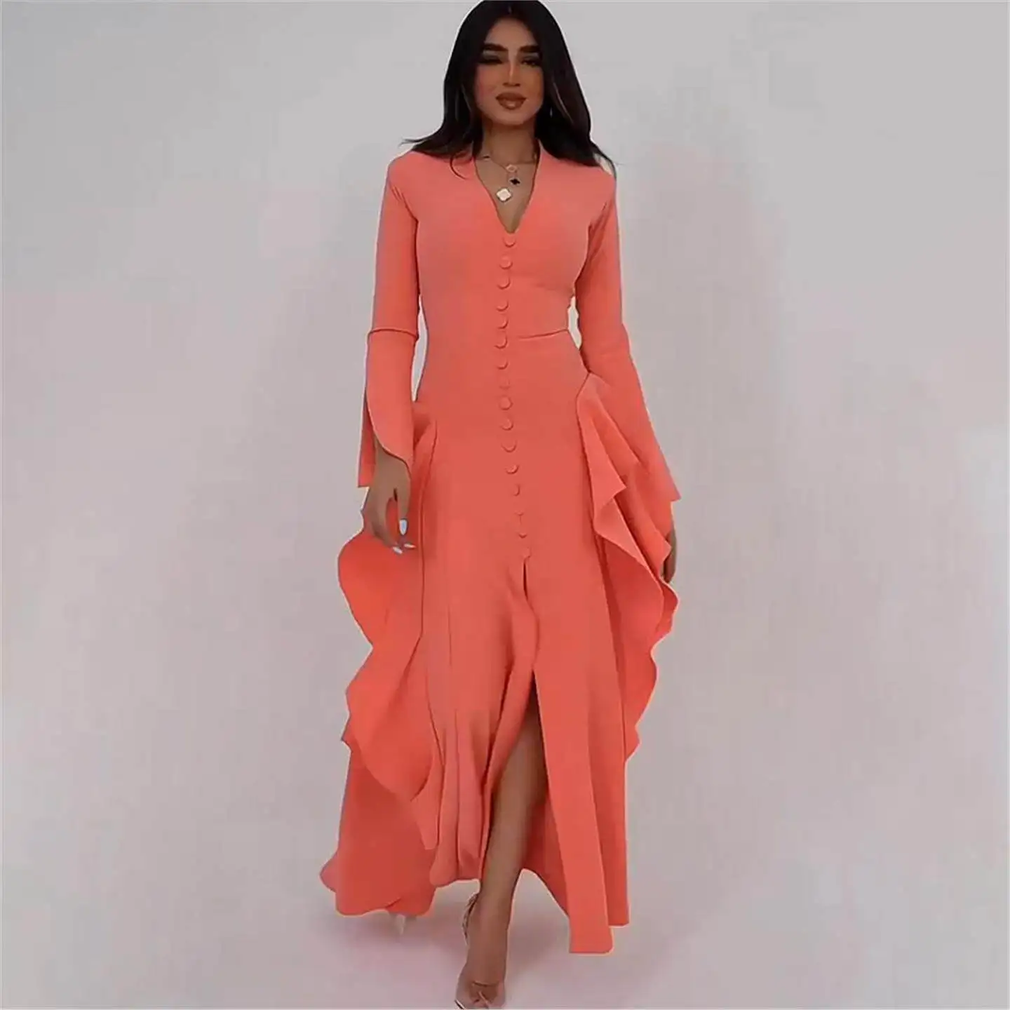 

Elegant Long V-Neck Dress with Pleated Skirt And Slits for Women Summer 2025 Cross-Border New Style Midi Evening Gown