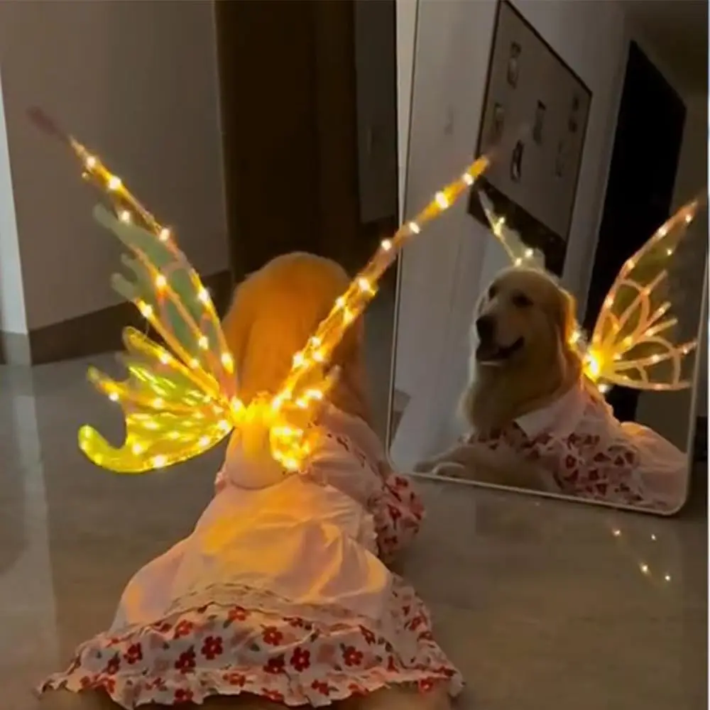 Electric Fairy Wings Light Up for Cat Dog Girls Costume Elf Luminous Music LED Dress Up Props Angel Princess Winngs Pet Party