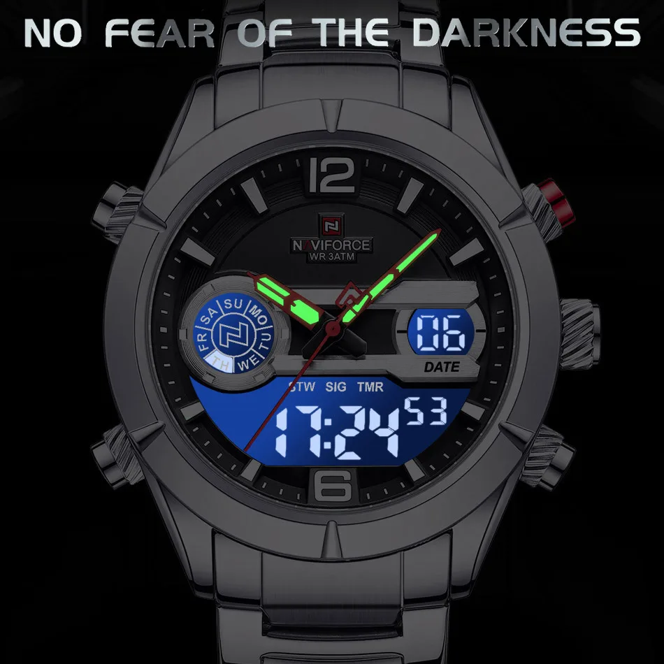 NAVIFORCE Brand Luxury Watch For Men Waterproof Digital Sport Quartz Wristwatches Military Luminous Stainless Steel Strap Clock