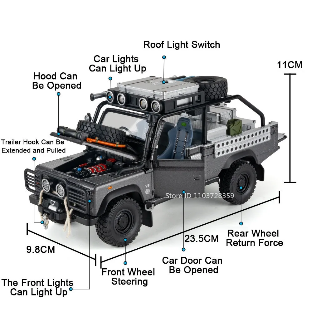 1:24 Defender 110 Model Pojazdu Terenowego Zabawki Metalowe Odlewane Dźwięk Światło Otwierane Drzwi Napęd Pull Back Ozdoby Samochody dla Dzieci Prezenty