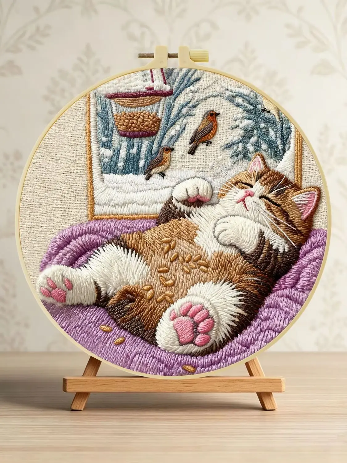 Schlafende Katze Winterszene 1 Stück DIY Stickerei-Material-Set für Anfänger Stickerei-Starter-Kit Kreuzstich-Kunst als Geschenk Nadelarbeit – Detail 1