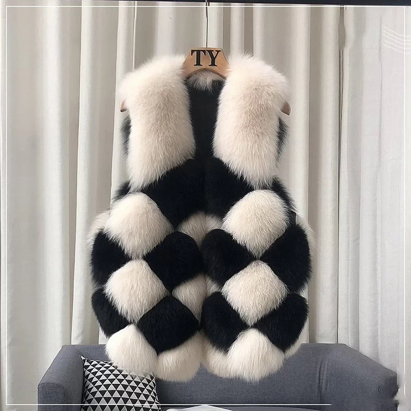 Contrast Color Plaid Design Natural Fox Fur Vest Jacket Women Winter Fashion New Sleeveless Genuine Real Fur Tank Top Female