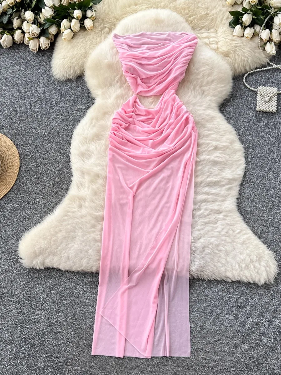 Foamlina Abito slim senza maniche con vita cava alla moda Abiti longuette in rete divisa con ritaglio a cuore sexy americano da donna