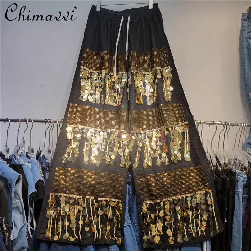 2025 Autumn New Heavy Hot Diamond Sequins Tassel Decorative Long Sleeve Jacket Wide Leg Pants Two-piece Set High Street Outfits