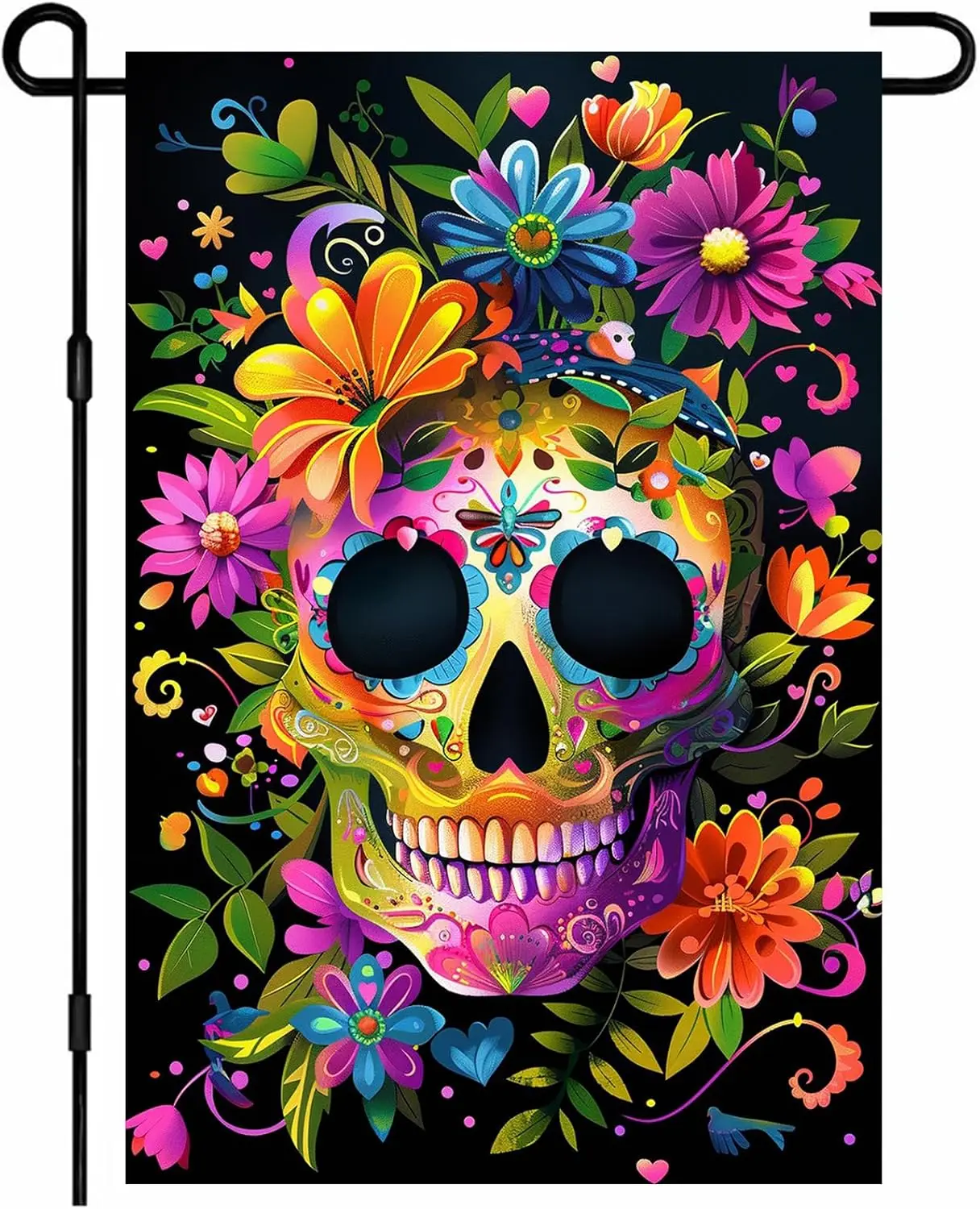 Bandera de jardín del Día de los Muertos con calavera de azúcar colorida, 12.0 x 18.0 in, doble cara, Floral, Dia de los Muertos, bandera de jardín, Hallo vibrante VVL
