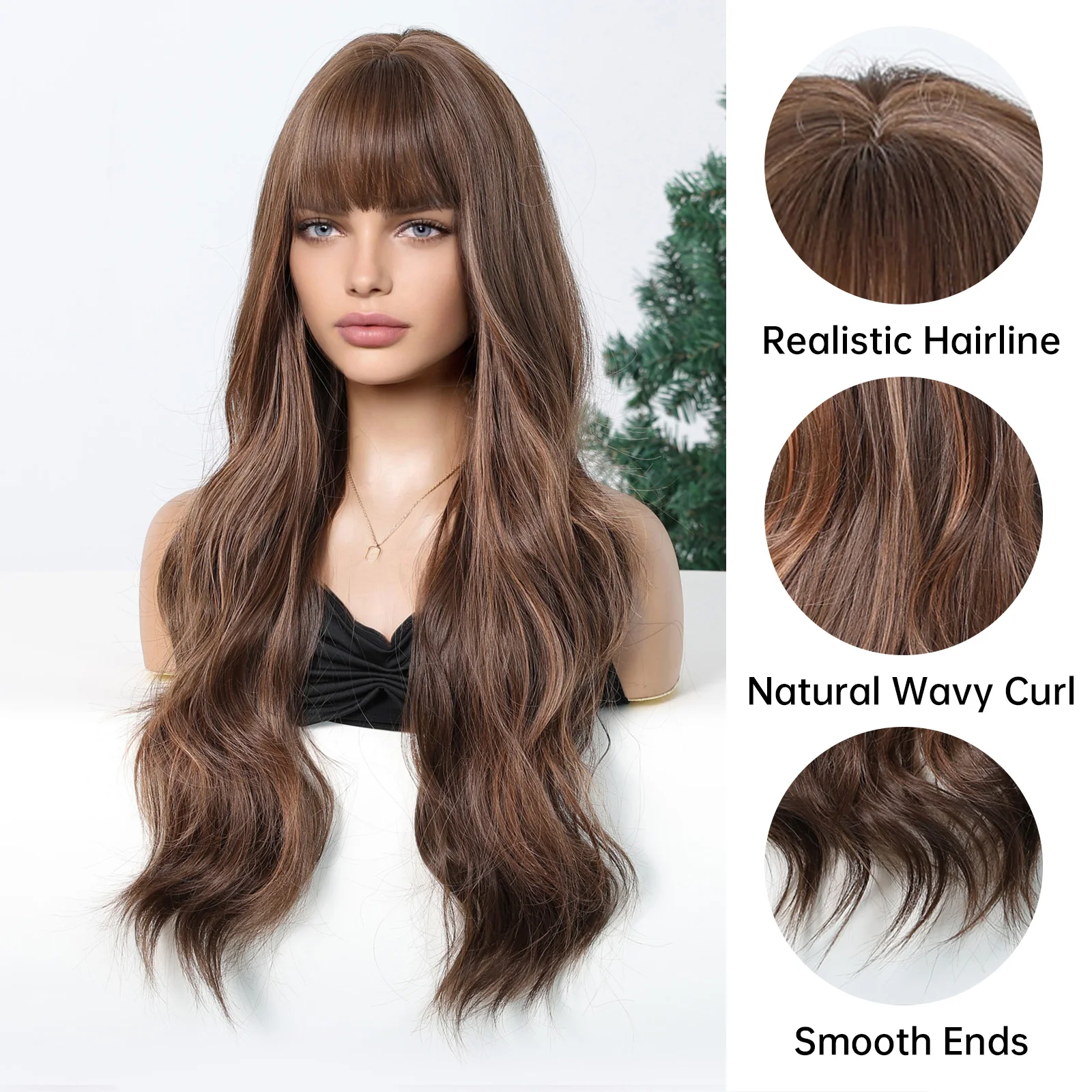 LOUIS FERRE Brown Highlights Wavy Wig With Bangs Long Curly Natural Hair for Women Girls Daily Use Heat Resistant Fiber Wigs