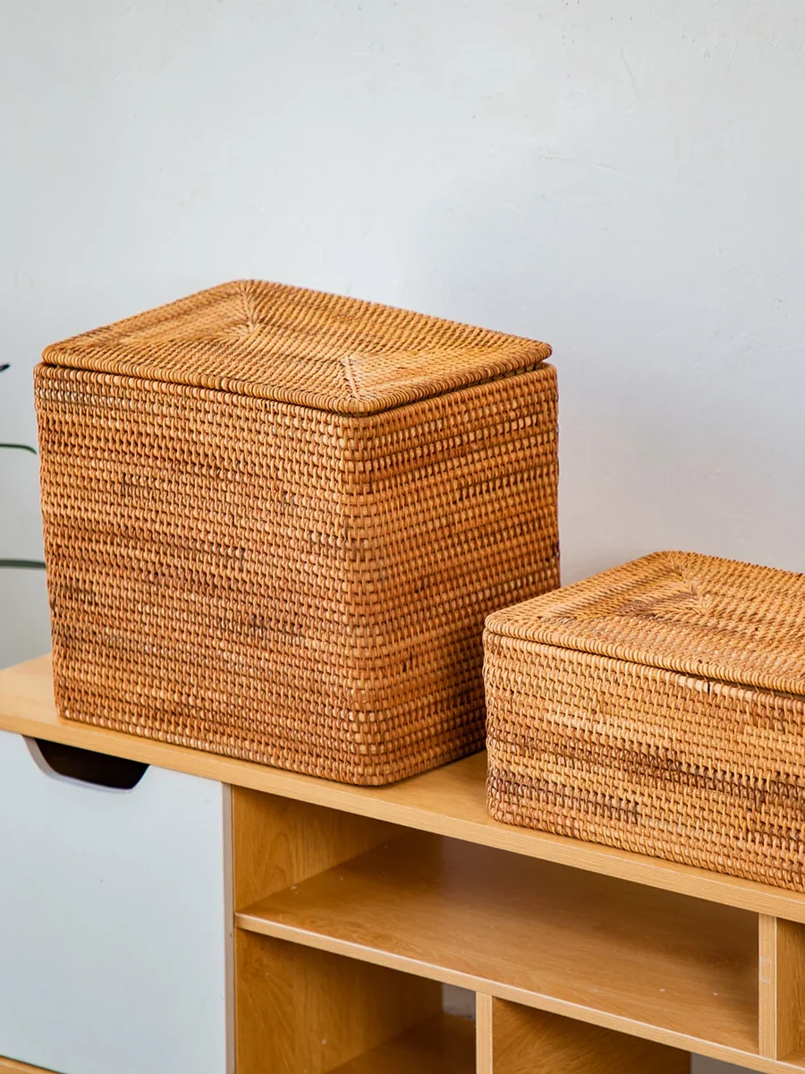 

Vietnam Rattan Storage Basket Desktop Sundries Toys with Lid Storage Basket Hand-Woven Covered Bamboo Basket