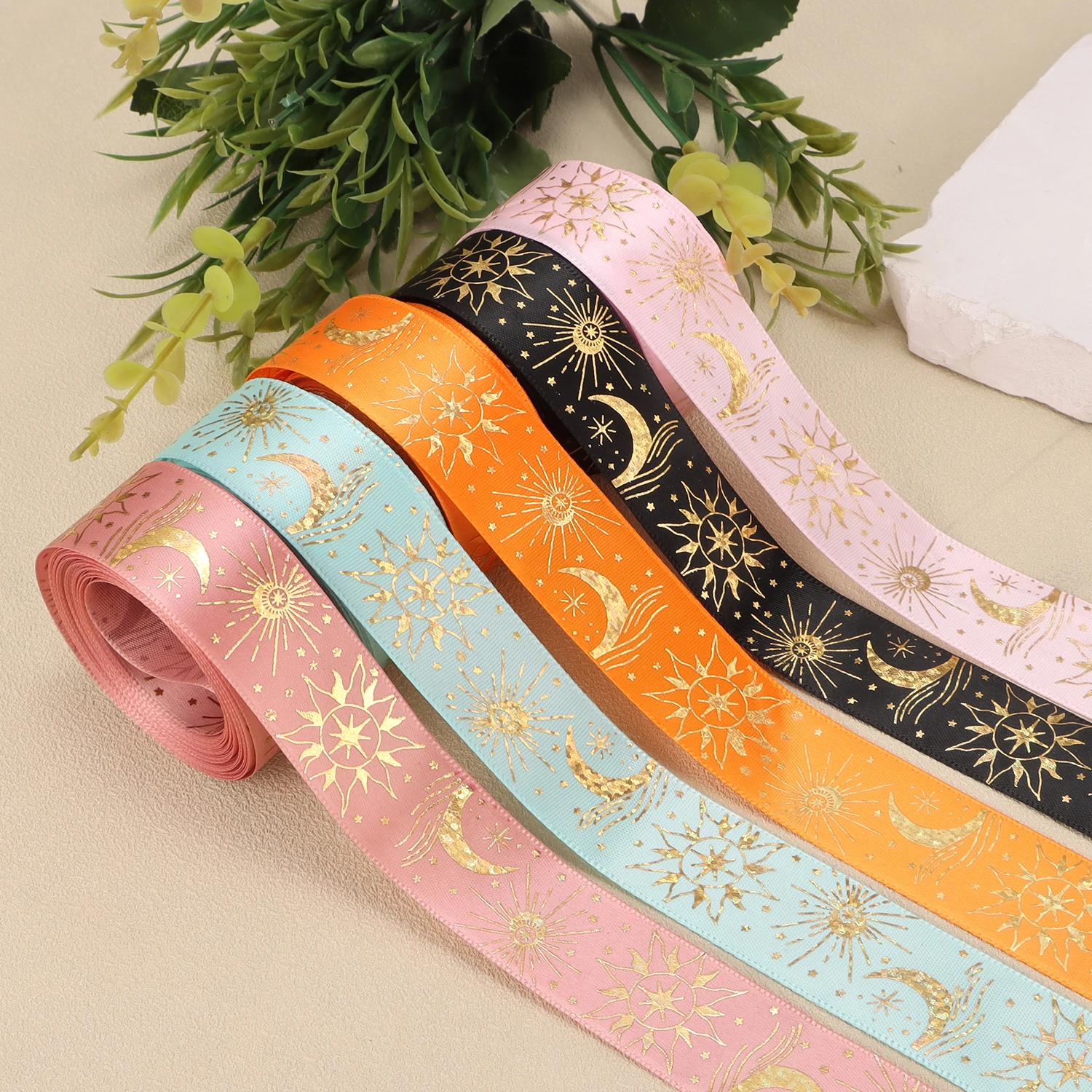25 mm Heißpräge-Stern-Mond-Satinband, 5 Yards, für Weihnachten, Hochzeit, DIY, Kunsthandwerk, Geschenkverpackung
