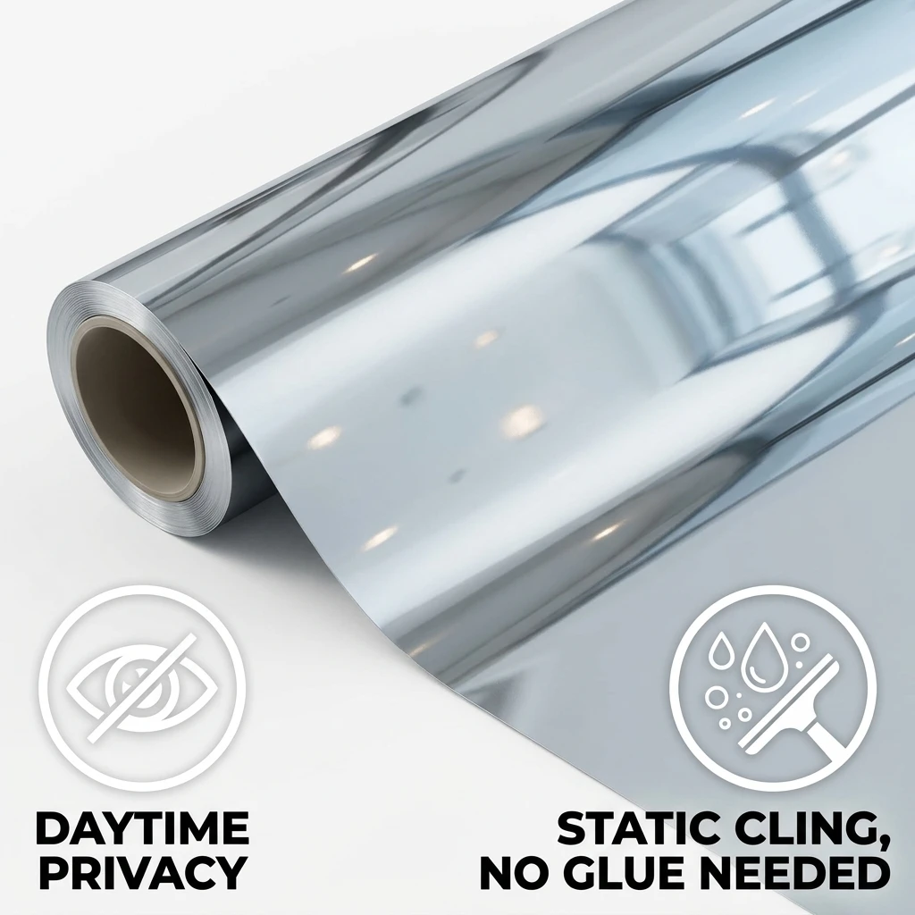 Static Cling One Way Mirror Window Film Double Silver Sun Heat Block Anti-UV Privacy Glass Sticker for Home No Glue Required