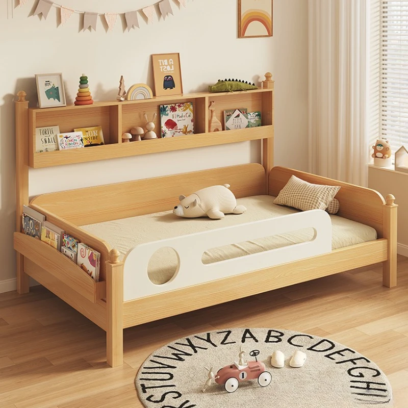 

All solid wood children's bed with guardrail integrated storage bed small apartment bookshelf bed cream wind boy and girl