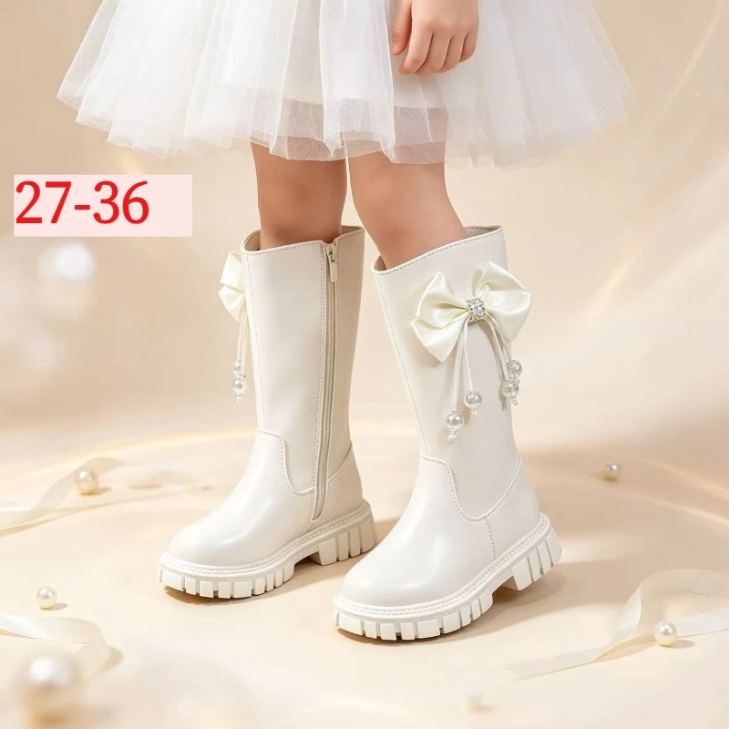 Girls Knee High Boots Princess Bowknot Rhinestone Kids Long Boots Non-Slip Soft Fashion Shoes 3-18 Years Old Children's Boots