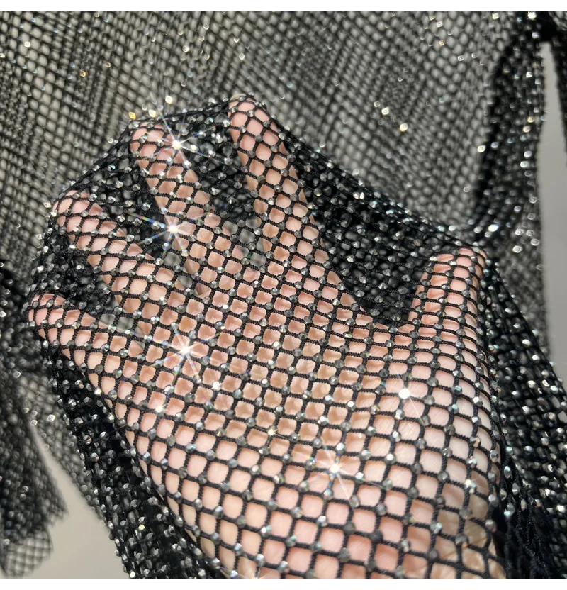 Heavy-duty Hot-drilled Fishnet Hollow See-through Design Round-neck Slim-fitting Short Women’s Fashionable and Versatile Top