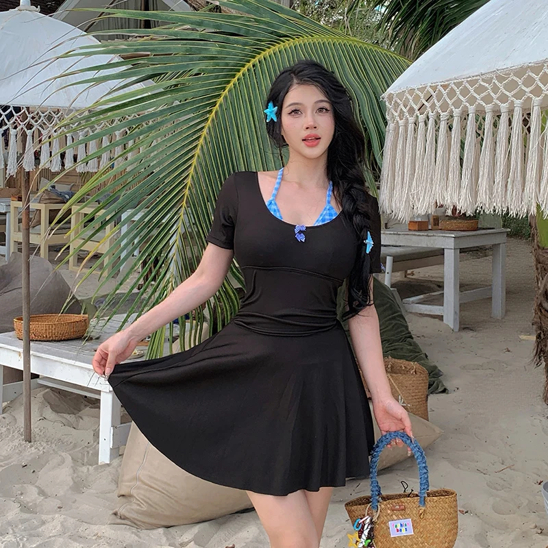 2026 Plus Size Swimwear Women One Piece with Skirt Padded Long Sleeve Slimming Full Beach Bow Swimming CostumeTummy Control