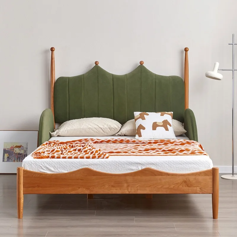 Nordic solid wood cherry wood bed, modern minimalist teen bedroom soft bag backrest bed, hard maple McGonagall bed