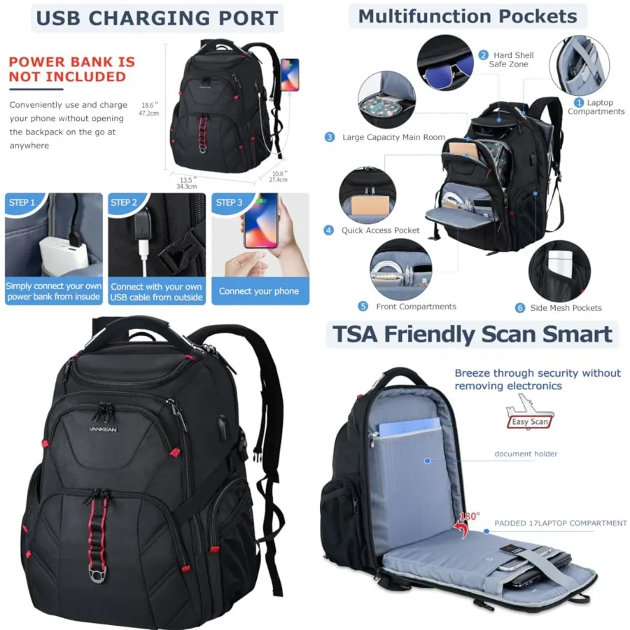 17.3'' Travel Laptop Backpack TSA Friendly, Water Resistant Anti Theft Extra Large College Backpacks with RFID Pockets, USB Por