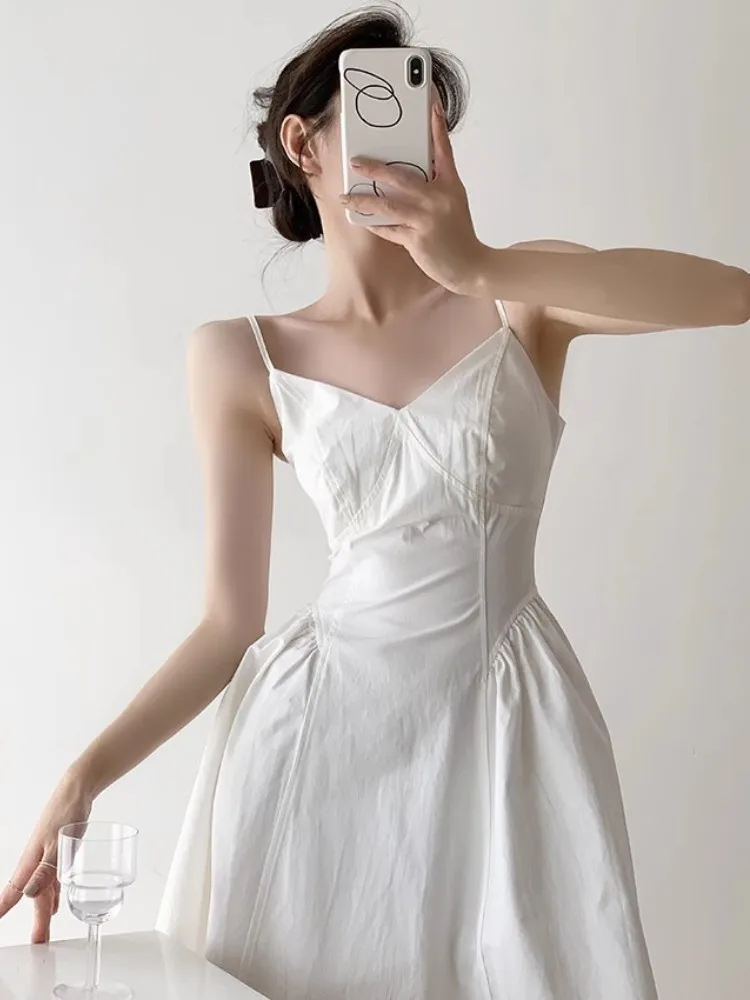 White Minimalist Suspender Dress, Women\'S Summer V-Neck Design, Sweet And Elegant, Unique Dress