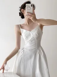 White Minimalist Suspender Dress, Women'S Summer V-Neck Design, Sweet And Elegant, Unique Dress