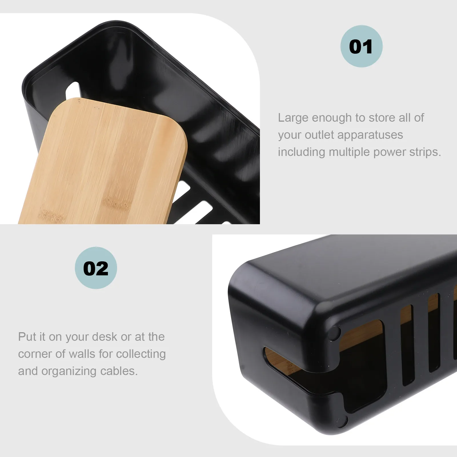 Black Cable Management Box with Wooden Cover Plastic Cord Hider Storage Container for Power Strips Adapters Splitters Cables view 4