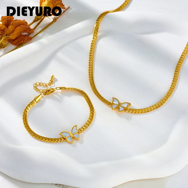 

DIEYURO 316L Stainless Steel Butterfly Charm Necklace Bracelets For Women Girl New Trendy Choker Non-fading Jewelry Set Gift