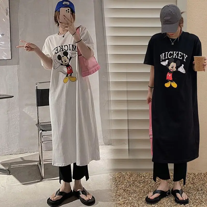 

Korean Trend Summer New Women's Clothing Mickey Mouse Cartoon Loose Short Sleeve Over the Knee Long T-shirt Skirt Popularity