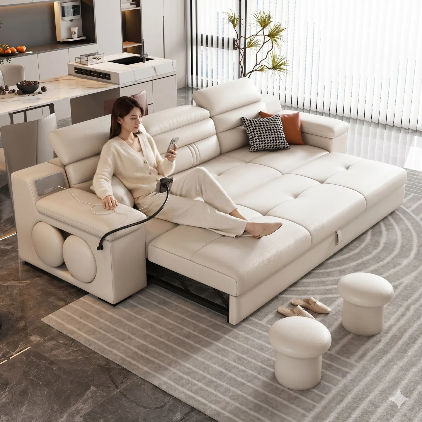 2026 New Multifunctional Cat Scratch Leather Sofa Bed, Foldable Integrated Dual-Use Sofa, Cream-Style Living Room Layout