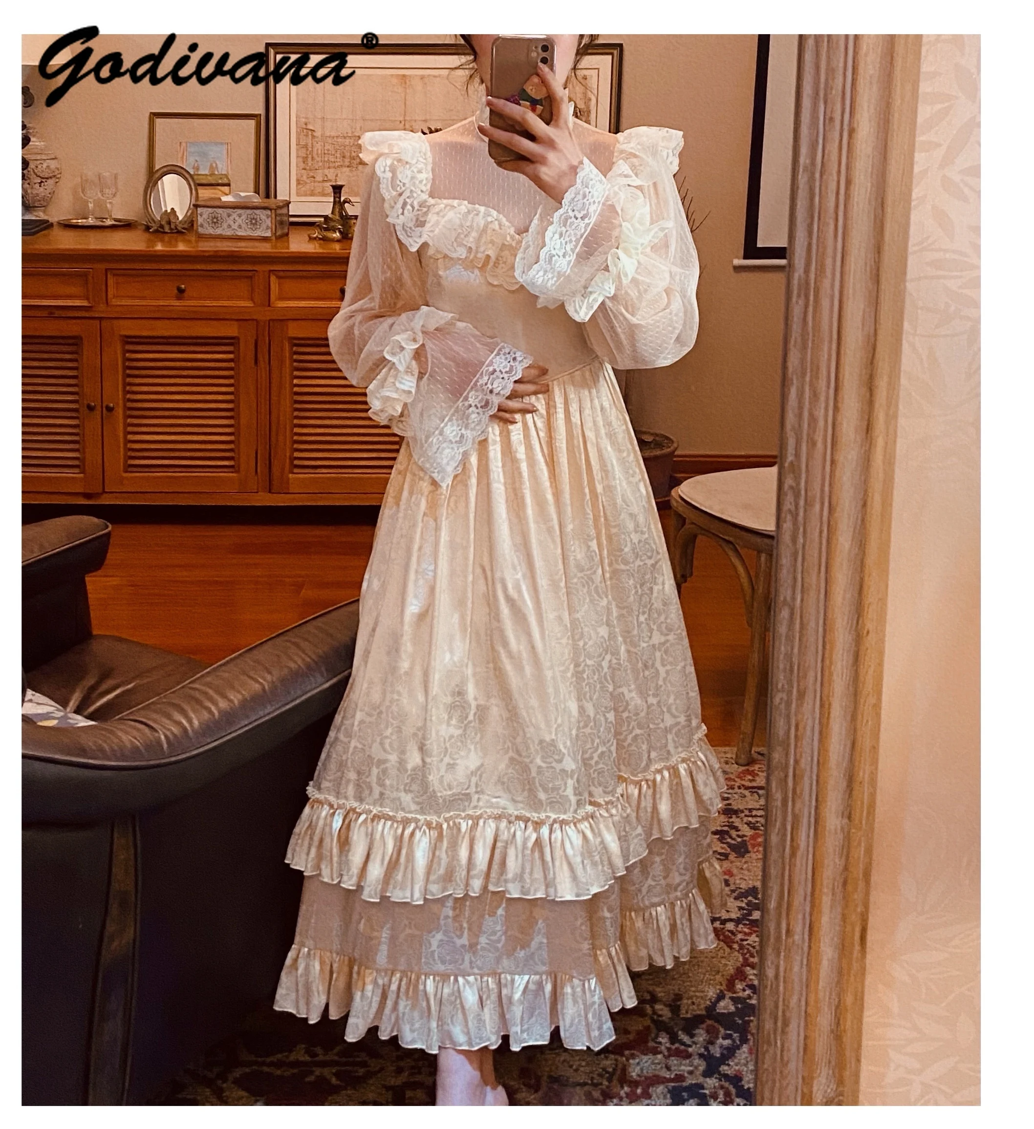 Retro estilo palácio francês renda cetim vestido novo outono manga longa feminino gola renda emendado fino jacquard vestido longo