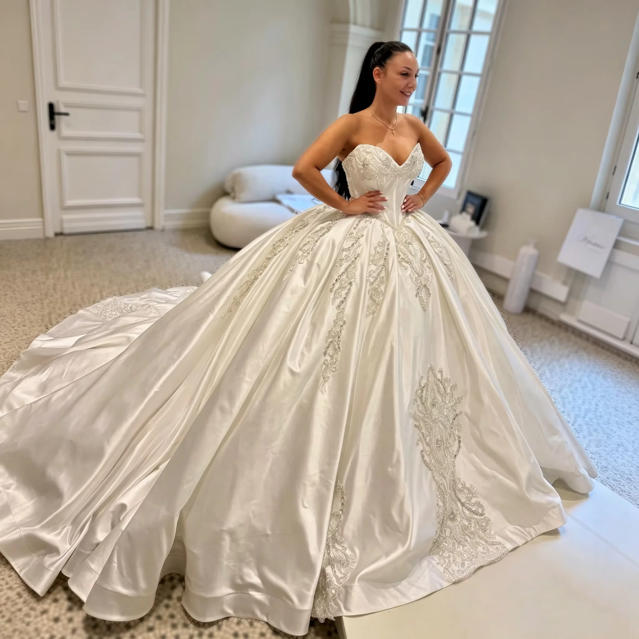 Elegant Satin Wedding Dress Beaded Princess Ball Gown Sweetheart Bridal Gown with Long Train
