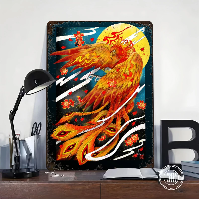 Fiery Phoenix With Cherry Blossoms Lightly 3D Metal Poster Customized Wall Art Vintage Metal Signs for Man Cave Bar Accessories