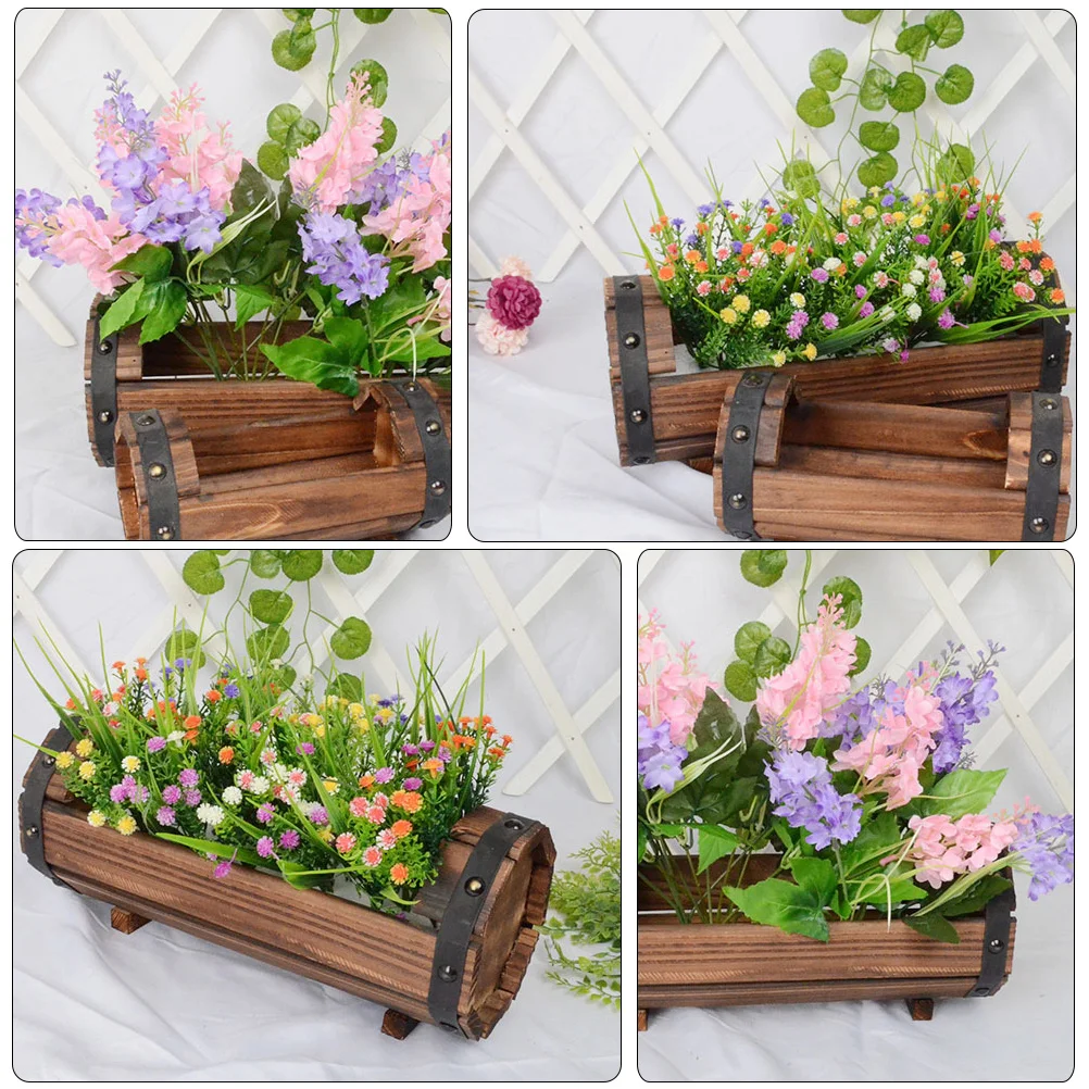 2 PCS/Set Decorations Solid Wood Flowerpot Plant Outdoor Wooden Pots Decorative Barrel Planter