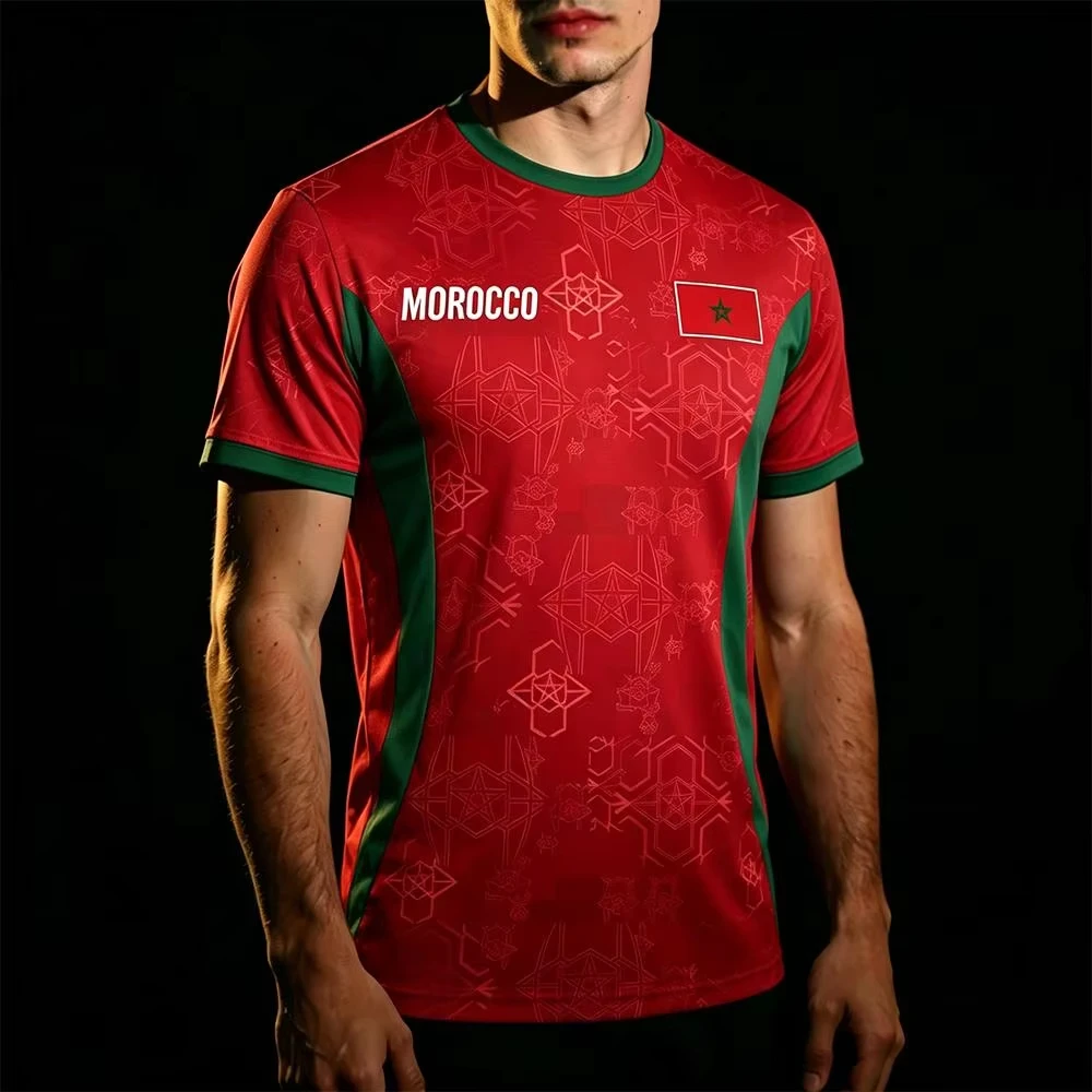 2026 Marokko-Flagge Bedrucktes Trikot Herren Schnelltrocknendes Atmungsaktives Sport-T-Shirt Unisex O-Ausschnitt Kurzarm Schnelltrocknende Fußball-Tees