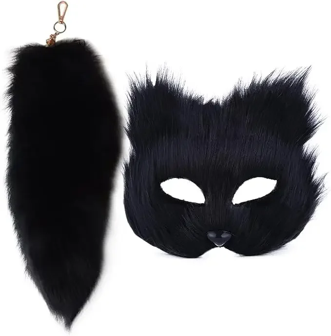 Therian Mask and Tail Set for Girls, Furry Mask Long Fox Tail Cosplay Fox Mask Wolf Tail Cat Masks for Halloween Carnival