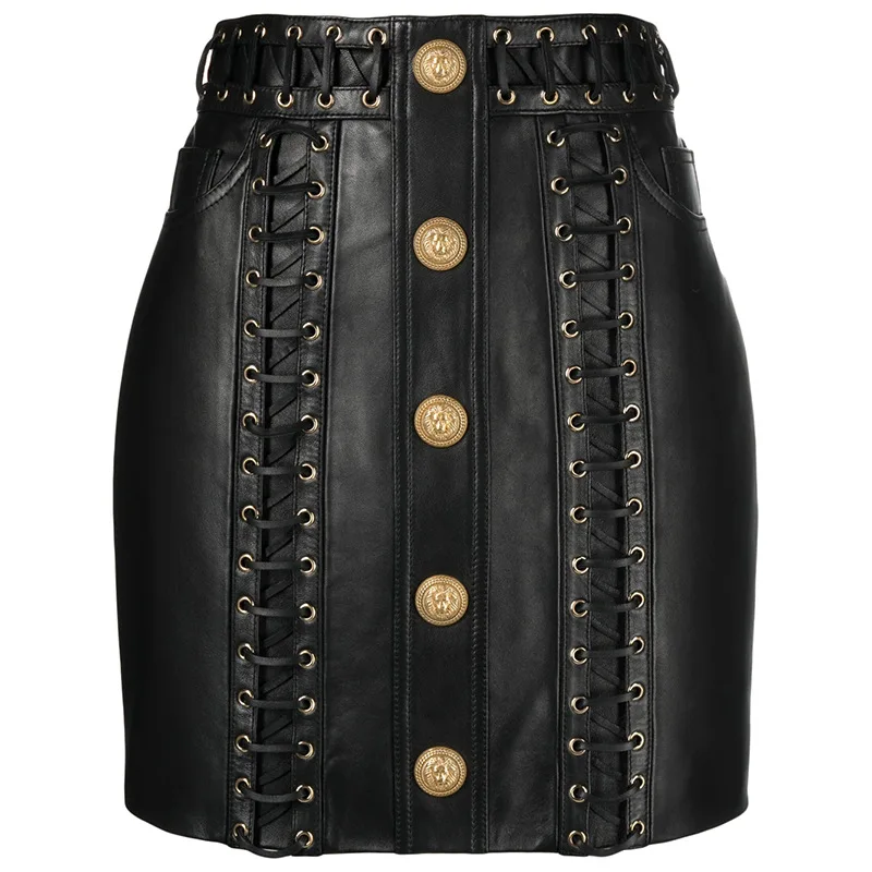 

Stylish Designed Lace-up High Street All Match High Waisted Single Breasted Women Fashion Solid Skinny Pu Skirt