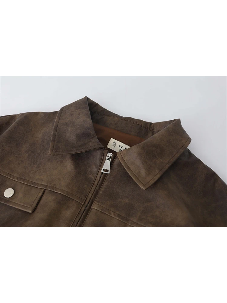 American Retro Brown Leather Jacket Lapel Collar Long Sleeve Coats Outerwear High Street Gyaru 2023 Autumn Winter Y2K Streetwear